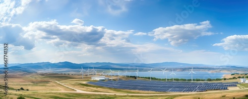 aerial view of Environmentally friendly installation of photovoltaic power plant and wind turbine farm situated by landfill © kanesuan