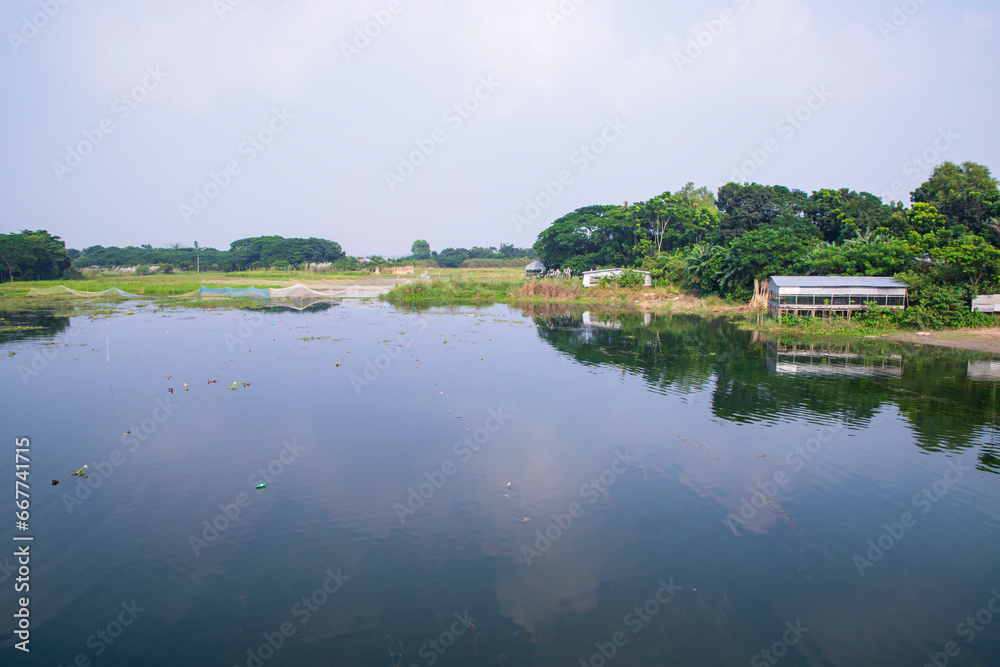 Obraz premium Reflection of trees in the lake water against the blue sky landscape countryside in Bangladesh