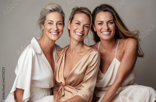 Three women posing together in front of a studio wall.