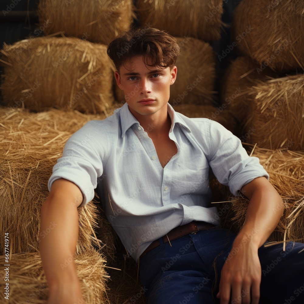 Obraz premium A Youthful Figure Resting on a Stack of Straw