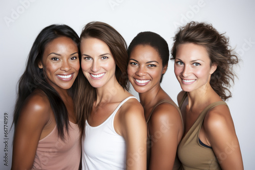 Four diverse young women posing together in front of a white backdrop.