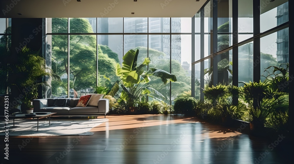 Wide modern living room with sofa, coffee table and big glass wall with trees and sky scrapers outside, sunny day, generative AI.