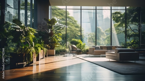 Wide modern living room with sofa, armchair and big glass wall with trees, plants and sky scrapers outside, sunny day, generative AI. © Yacine