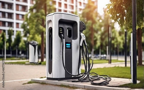 Fast modern electric vehicle chargers for charging car in park, created with generative ai