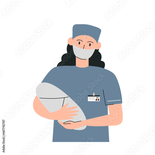 Woman obstetrician in surgical mask holding baby. Doctor pediatrician cuddling newborn. Medical worker character portrait isolated on white. Female gynecologist hand drawn flat vector illustration