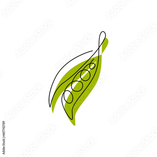 Peas black contour drawing with abstract color spot. Veggie line art style minimalist silhouette. Continuous vegetable concept design. Hand drawn one line flat vector illustration isolated on white