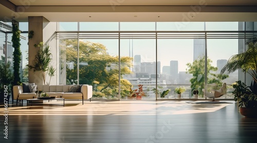 Wide interior modern empty living room with sofa and plants, wooden floor, city view out side, generative AI. © Yacine