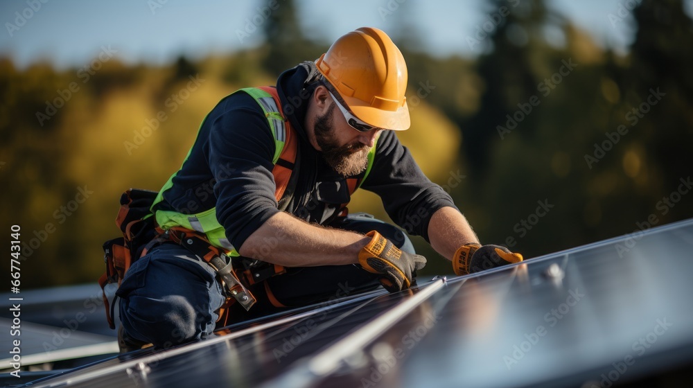 handyman installing solar panels on the rooftop.male worker in protective helmet and uniform working on roof with solar panels against.Production of renewable energy and solar roof top concept.