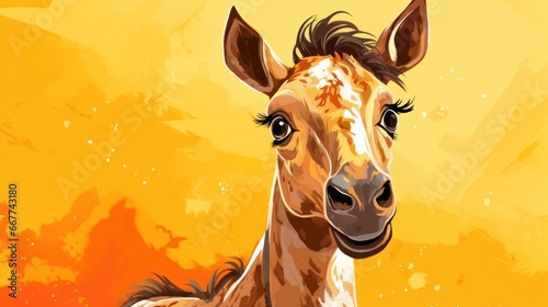 cute illustration of baby horse on orange background generative ai © Francheska