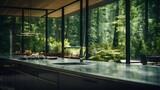 Long dark counter in home kitchen with glass wall give us view of a forest, generative AI.