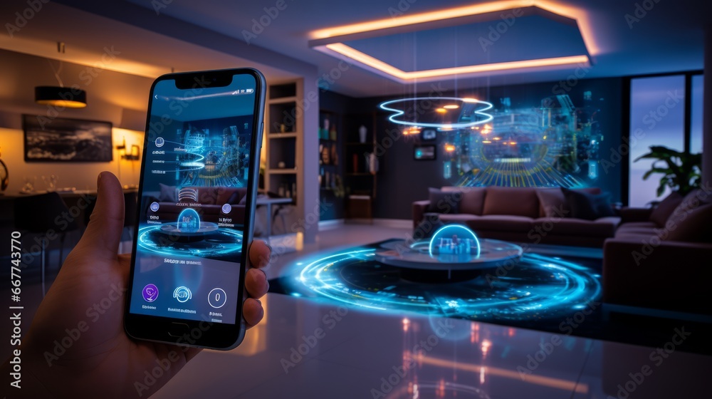 smart home with artificial intelligence concept.person holding smartphone device and Smart home technology interface on smartphone app screen with augmented reality (AR) view,internet of things (IOT) smart home with artificial intelligence concept.person holding smartphone device and Smart home technology interface on smartphone app screen with augmented reality (AR) view,internet of things (IOT)