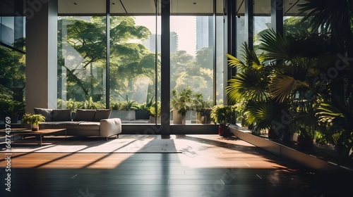 Modern Minimalism meets Nature  Wide Interior Living Room with Wooden Floor and Plants  skyscrapers view outside  generative AI.