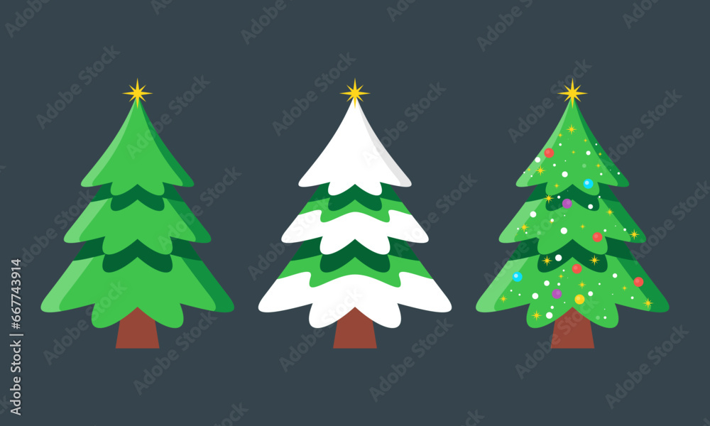 Cartoon Decorated Christmas Trees Collection with Balls, Stars, and Garland Fir Trees Illustration