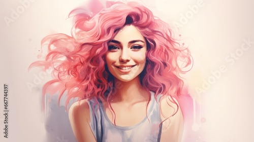 Smiling Teen Persian Woman with Pink Curly Hair Watercolor Illustration. Portrait of Casual Person on white background with copy space. Photorealistic Ai Generated Horizontal Illustration.