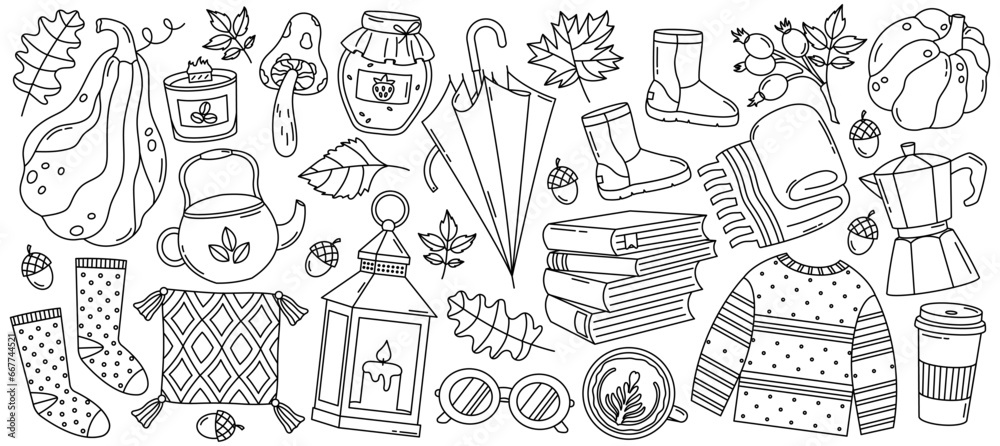 Cute autumn doodle linear elements set. Doodle sweater, umbrella, candle, pumpkin, coffee, lantern, boots and other.