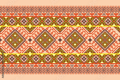pixel pattern ethnic design squares connected to each other Orange brown yellow white For fabrics carpets, textiles printed materials wallpaper curtains blankets bedsheets bags.