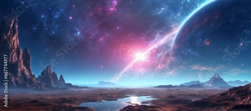 Wide-angle shot of an alien planet landscape. Breathtaking panorama of a desert planet with canyons and strange rock formations. Fantastic extraterrestrial landscape. Sci-fi wallpaper.