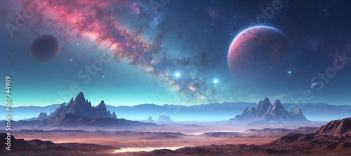 Wide-angle shot of an alien planet landscape. Breathtaking panorama of a desert planet. Fantastic extraterrestrial landscape. Sci-fi wallpaper.