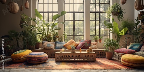 AI Generated. AI Generative. Modern vintage boho style living room architecture design interior with color sofa and many plants. Graphic Art