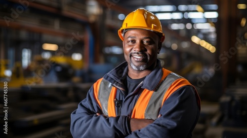 Portrait of a happy African American factory worker wearing hard hat and work clothes standing besides the production line.Factory worker wearing a safety helmet