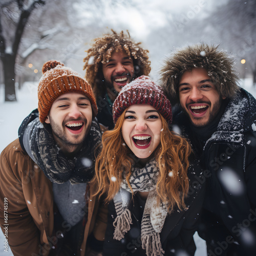 Group of friends having fun outdoors in winter, young multiethnic people walking in the park and having a great time