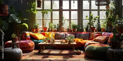 AI Generated. AI Generative. Modern vintage boho style living room architecture design interior with color sofa and many plants. Indoor template inspiration for home room design