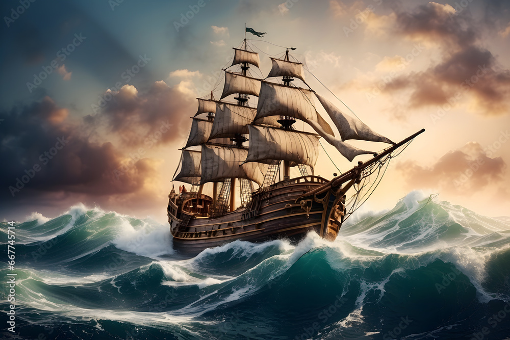 Old pirate ship sailing on the sea with big waves and in cloudy weather. 3D rendered, AI generated.