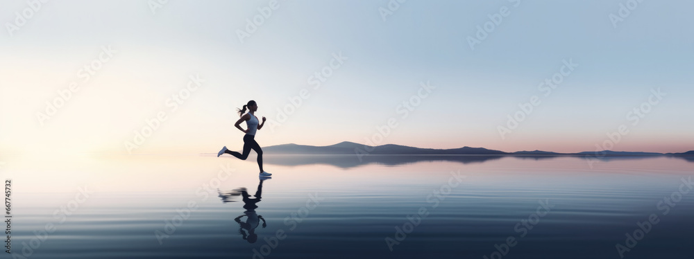 young woman running in a serene and minimalist landscape, panorama sport banner, pro training in nature for a marathon, motivation concept wallpaper, soft sky - obrazy, fototapety, plakaty 
