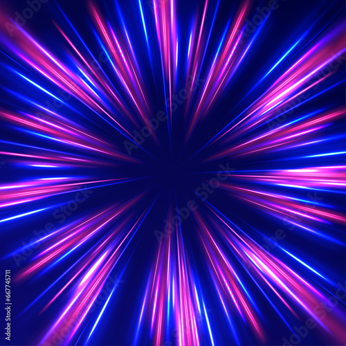 Vector art of dynamic light motion, light trail, high speed effect, traffic motion. Rotating dynamic neon circle. Colored shiny sparks of spiral wave. 