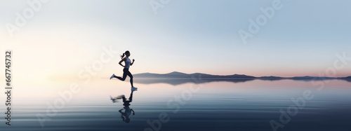 young woman running in a serene and minimalist landscape, panorama sport banner, pro training in nature for a marathon, motivation concept wallpaper, soft sky photo