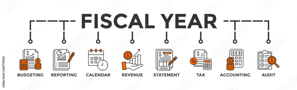 Fiscal year banner web icon vector illustration concept with icon of budgeting, reporting, calendar, revenue, statement, tax, accounting, audit Fiscal year banner web icon vector illustration concept with icon of budgeting, reporting, calendar, revenue, statement, tax, accounting, audit
