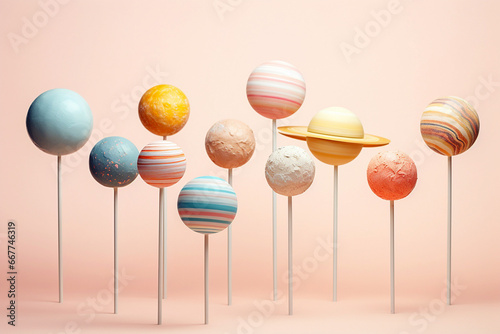Lollipop candies as planets of solar system. Astronomy themed sugar sweets. Colorful lollipops in shape of planets. Imagination, sweet tooth, space travel and future concept, copy space for text