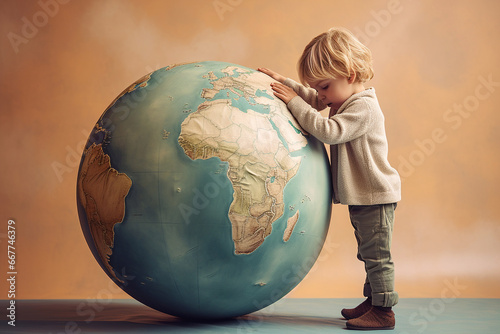 Child hugging planet Earth model. World heritage, environment protection, Earth day, ecology, world without war concept. Embracing the Earth globe, peace and love, sweet dreams, happy childhood theme