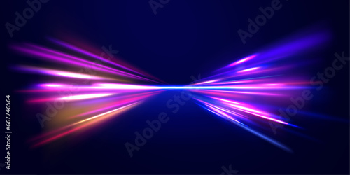 Lines in the shape of a comet against a dark background. Illustration of high speed concept. Motion light effect for banners. Curved light trail stretched upward. Fast speed car. 