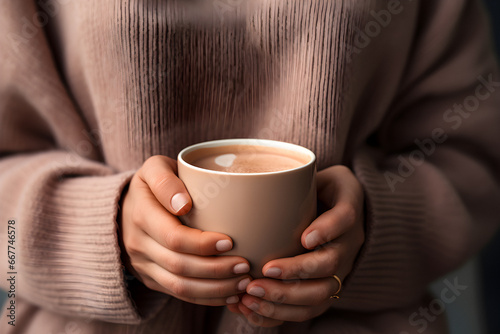 hot chocolate, warm coffee, delicious cappuccino hands, winter background, chrismas symbol, winter holidays concept,
