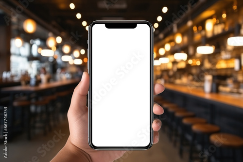 Smartphone mockup bar, close-up of Caucasian male hand holding mobile phone with white blank screen in pub