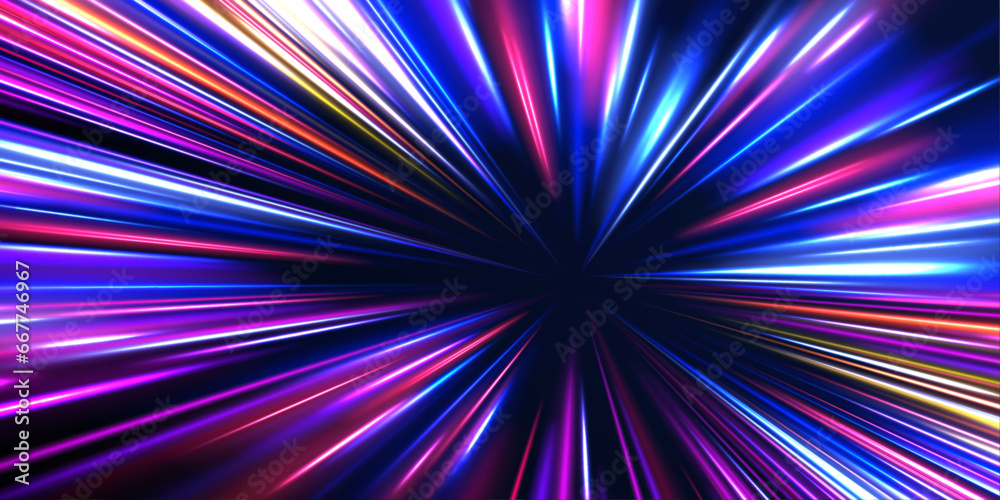 Lines in the shape of a comet against a dark background. Illustration of high speed concept. Motion light effect for banners. Curved light trail stretched upward. Fast speed car.