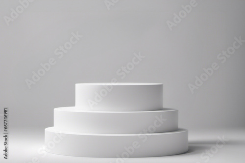 Podio bianco geometrico per presentazione prodotti su sfondo bianco