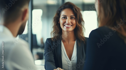 Fototapeta Naklejka Na Ścianę i Meble -  Happy mid aged business woman manager handshaking at office meeting. Smiling female hr hiring recruit at job interview, bank or insurance agent, lawyer making contract deal with client at work. 