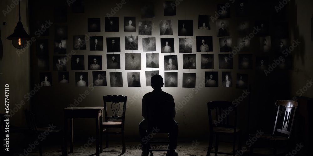 Solitary Figure Contemplating a Wall of Haunting Monochromatic Portraits in Dimly Lit Room
