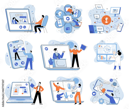 Online communication. Vector illustration. The online communication concept encompasses various digital channels and platforms Gathering information through online sources provides wealth knowledge