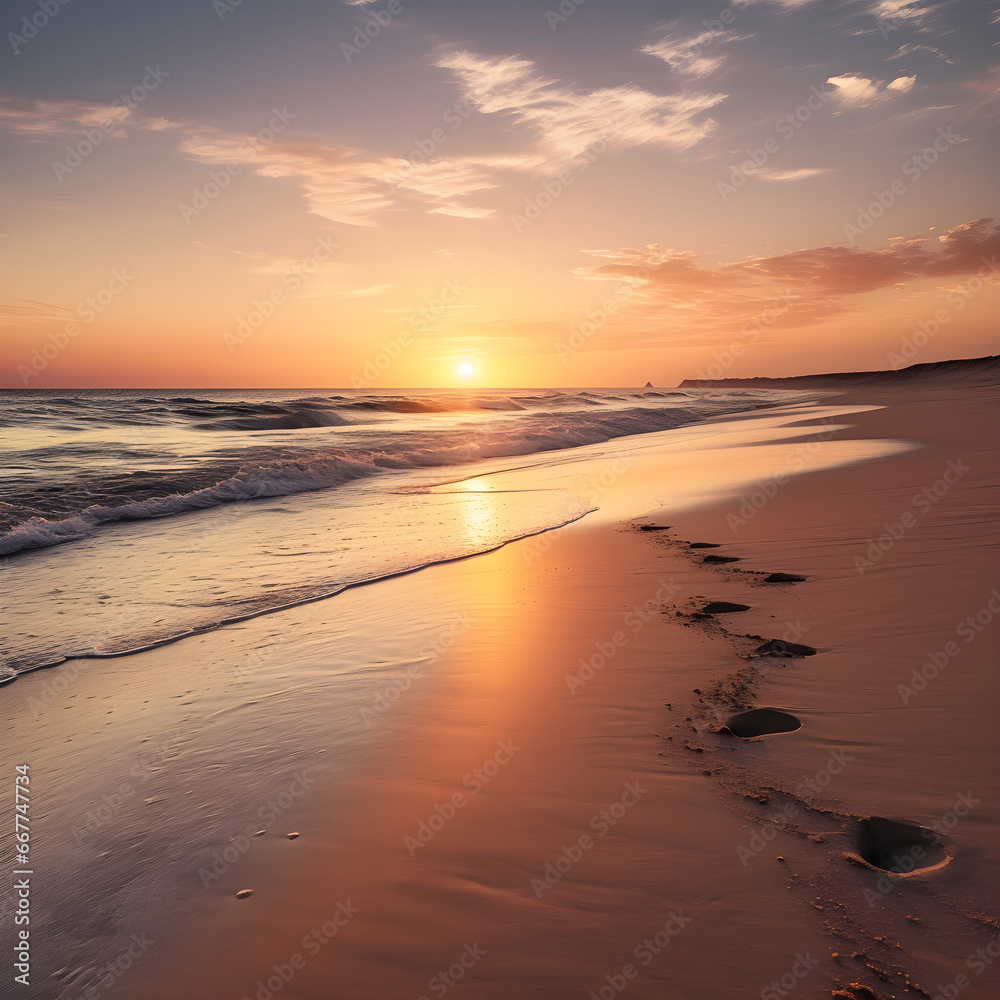 At sunset, a tranquil beach exudes serene beauty as the setting sun bathes the horizon in a beautiful warm golden glow.