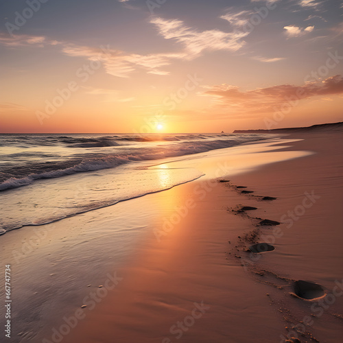 At sunset  a tranquil beach exudes serene beauty as the setting sun bathes the horizon in a beautiful warm golden glow.