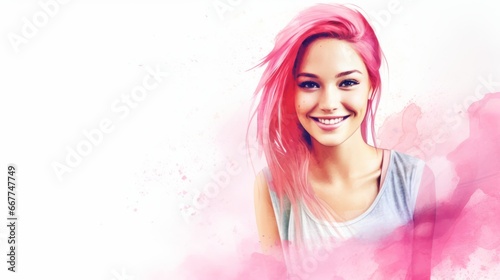 Smiling Teen White Woman with Pink Straight Hair Watercolor Illustration. Portrait of Casual Person on white background with copy space. Photorealistic Ai Generated Horizontal Illustration.