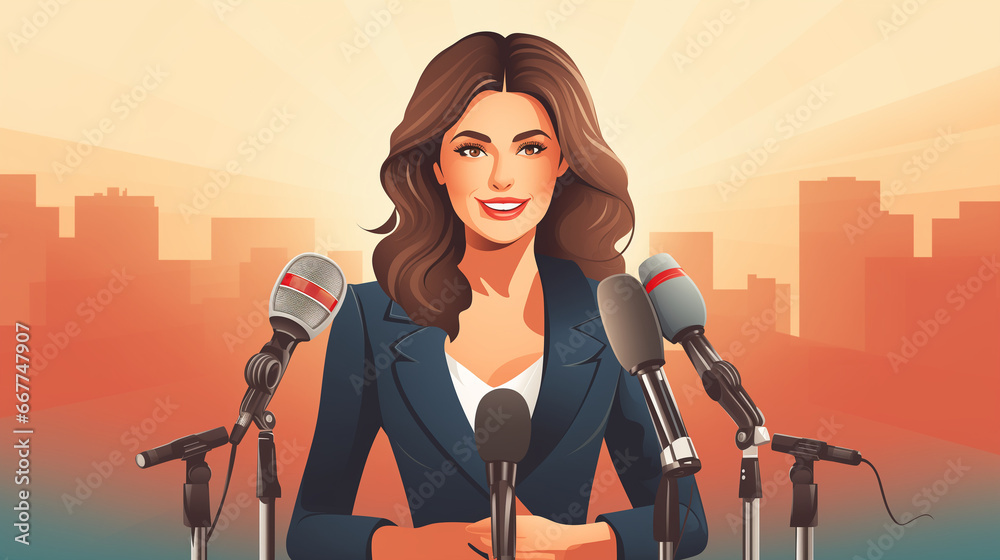 illustration of A female journalist is reporting news, holding a microphone and looking into the camera - obrazy, fototapety, plakaty 
