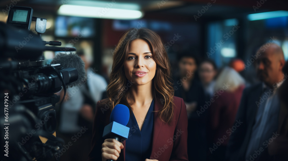 A female journalist is reporting news, holding a microphone and looking into the camera - obrazy, fototapety, plakaty 