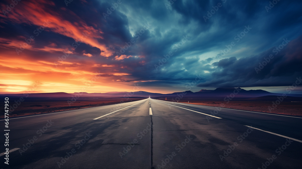 A road with bright markings stretches into the distance under a dramatic sky,
