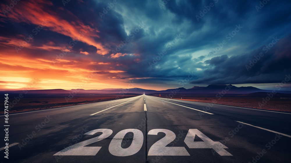 2024 is written on a road that stretches into the distance, as a symbol of the coming new year. dramatic sky - obrazy, fototapety, plakaty 