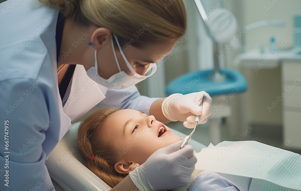 Fototapeta premium A young girl sits in the dentist's chair, holding her mother's hand. The dentist smiles at her reassuringly as he examines her teeth