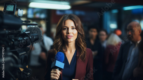 A female journalist is reporting news, holding a microphone and looking into the camera photo